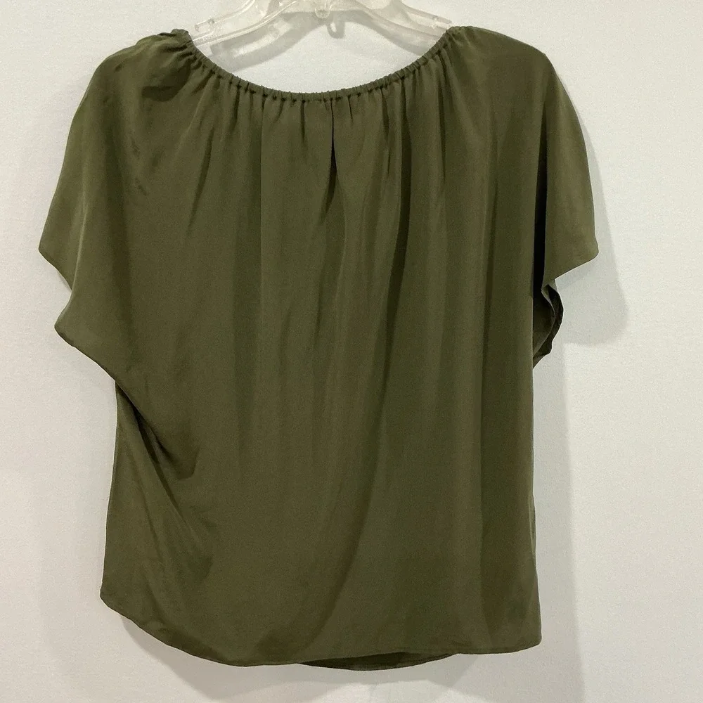 Tory Burch SILK Peasant Blouse Camille Olive Green Embroidered Women Size 4 Boho
